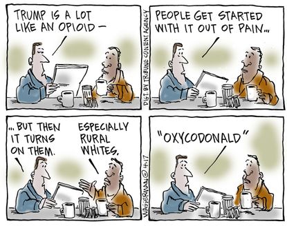 Political Cartoon U.S. President Trump opioid addiction pain rural