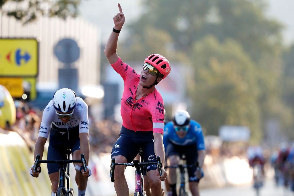 KRAKOW POLAND AUGUST 15 Julius Van Den Berg of The Netherlands and Team EF Education Nippo celebrates at finish line as stage winner during the 78th Tour de Pologne 2021 Stage 7 a 145km stage from Zabrze to Krakw TourdePologne TDP2021 UCIWT on August 15 2021 in Krakow Poland Photo by Bas CzerwinskiGetty Images