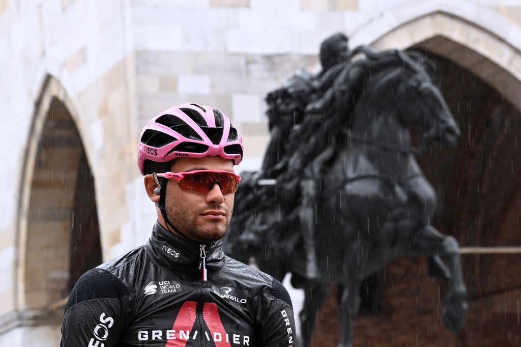 SESTOLA ITALY MAY 11 Filippo Ganna of Italy and Team INEOS Grenadiers Pink Leader Jersey at start during the 104th Giro dItalia 2021 Stage 4 a 187km stage from Piacenza to Sestola 1020m girodiitalia Giro UCIworldtour on May 11 2021 in Sestola Italy Photo by Stuart FranklinGetty Images