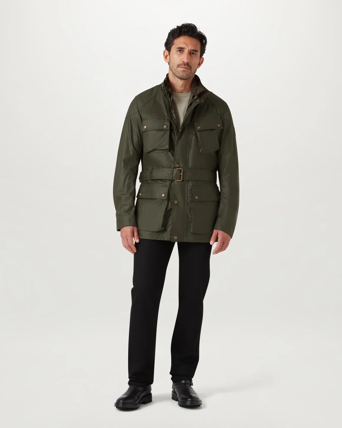 Model wearing Belstaff Trialmaster jacket