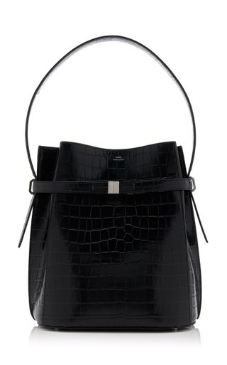 Belted Croc-Effect Leather Bucket Bag