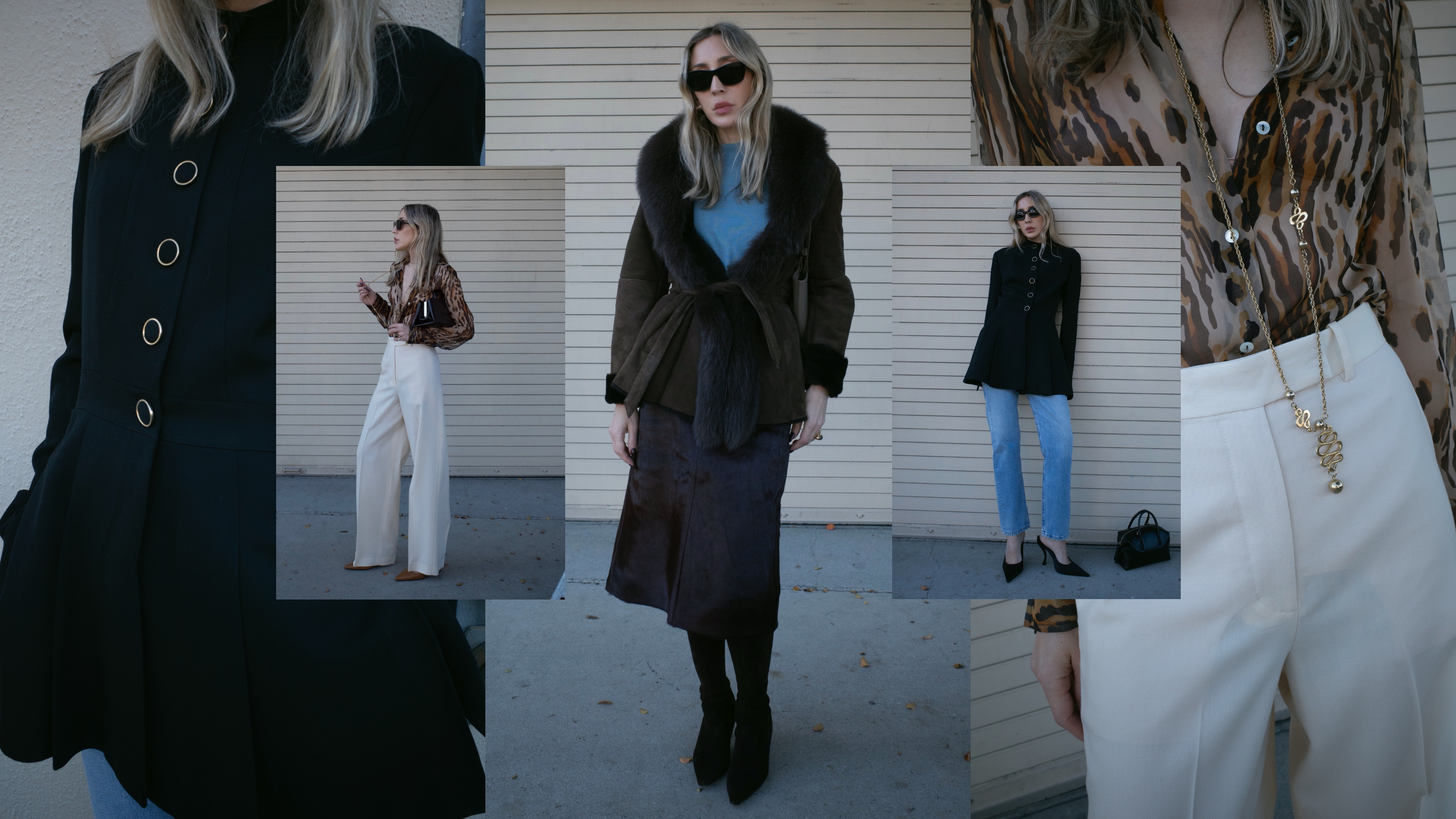 Angela Fink wearing a black jacket; Angela Fink wearing a fur coat; Angela Fink wearing a leopard print top