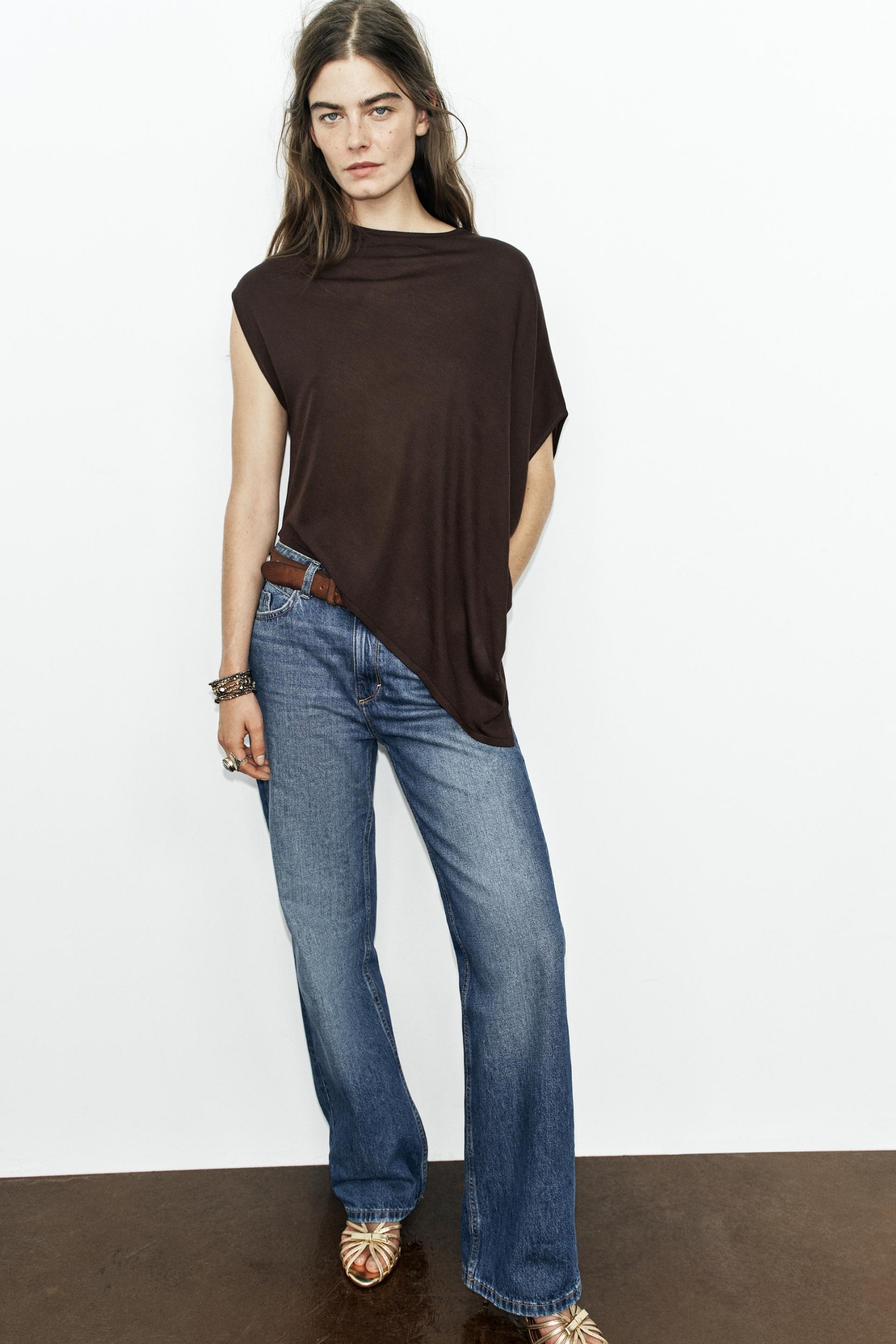 Asymmetric Knit Top - Brown - S
