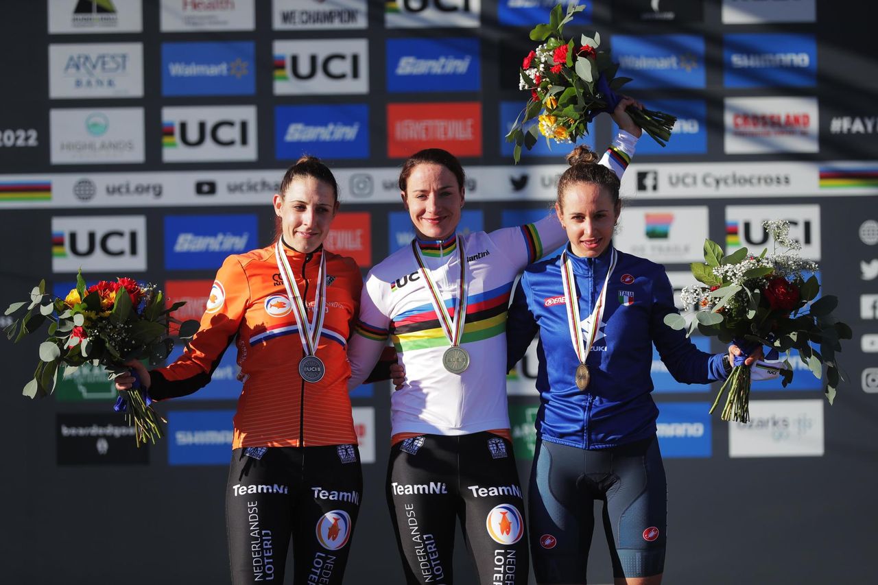 Fayetteville ARK USA cycling Lucinda Brand Netherlands Team Trek Segafredo Women Marianne Vos Netherlands Team Jumbo Visma Women pictured during the 2022 CycloCross World Championships women elite in Fayetteville Arkansas Silvia Persico Italy Photo SWPicsCor Vos 2022