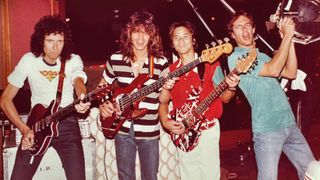 (from left) Brian May, Eddie Van Halen, Phil Chen and Alan Gratzer in the studio for Star Fleet Project. Note Ed and Phil’s axe swap.