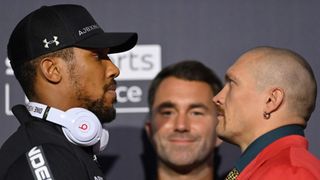 Anthony Joshua and Oleksandr Usyk face off during a Press Conference ahead of the heavyweight fight