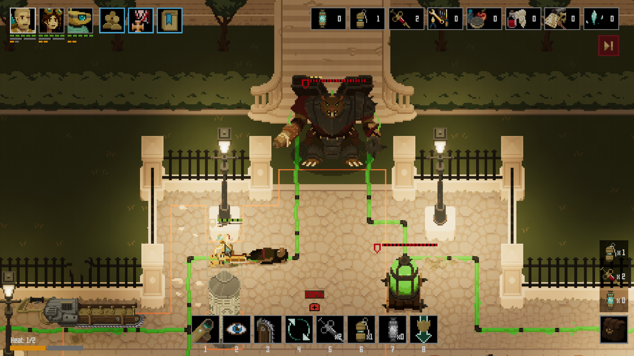 Image from videogame Shardpunk Verminfall. Pixelated heroes battle with humanoid rats.