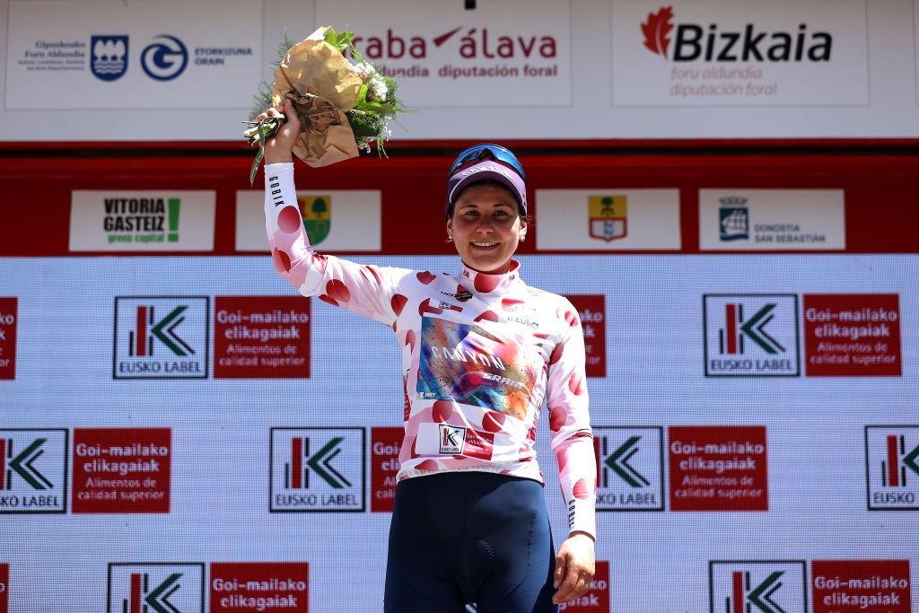 SAN SEBASTIAN SPAIN MAY 15 Elise Chabbey of Switzerland and Team CanyonSRAM Racing celebrates winning the Polka Dot Mountain Jersey on the podium ceremony after the 1st Itzulia Women 2022 Stage 3 a 1398km stage from DonostiaSan Sebastin to DonostiaSan Sebastin ItzuliaWomen UCIWWT on May 15 2022 in San Sebastian Spain Photo by Gonzalo Arroyo MorenoGetty Images
