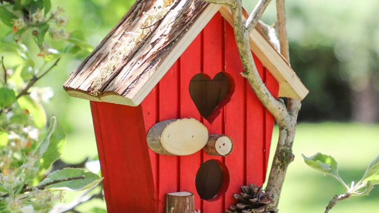 red bird box with heart shaped hole
