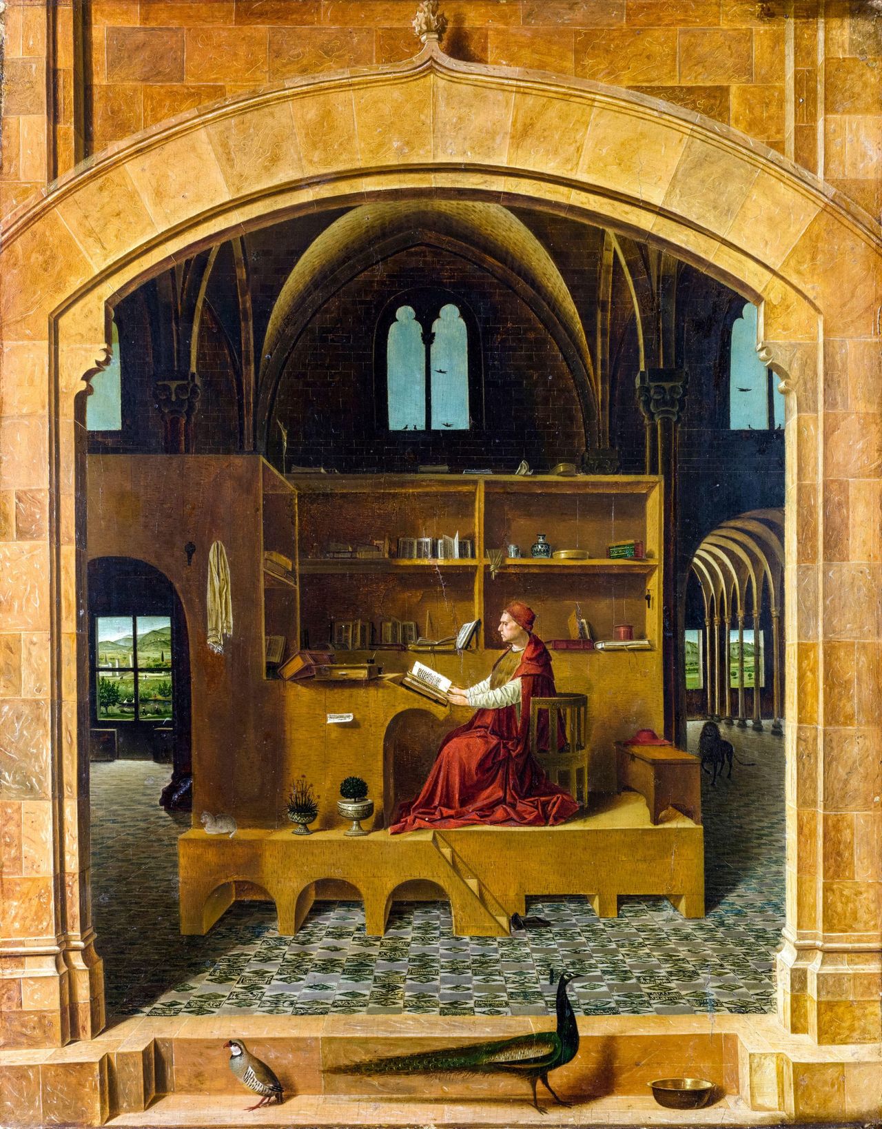 St Jerome in His Study, about 1475, 18in by 14in, by Antonello da Messina (about 1430–79), National Gallery, London.