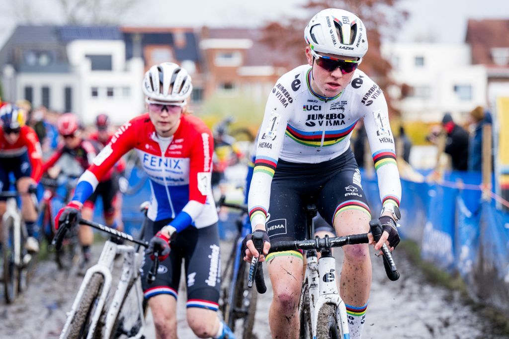 Dutch Puck Pieterse and Dutch Fem Van Empel pictured in action during the women elite race at the Urban Cross Kortrijk cyclocross cycling event on Saturday 25 November 2023 in Kortrijk the second stage in the X2O Badkamers Trofee Veldrijden competition BELGA PHOTO JASPER JACOBS Photo by JASPER JACOBS BELGA MAG Belga via AFP Photo by JASPER JACOBSBELGA MAGAFP via Getty Images