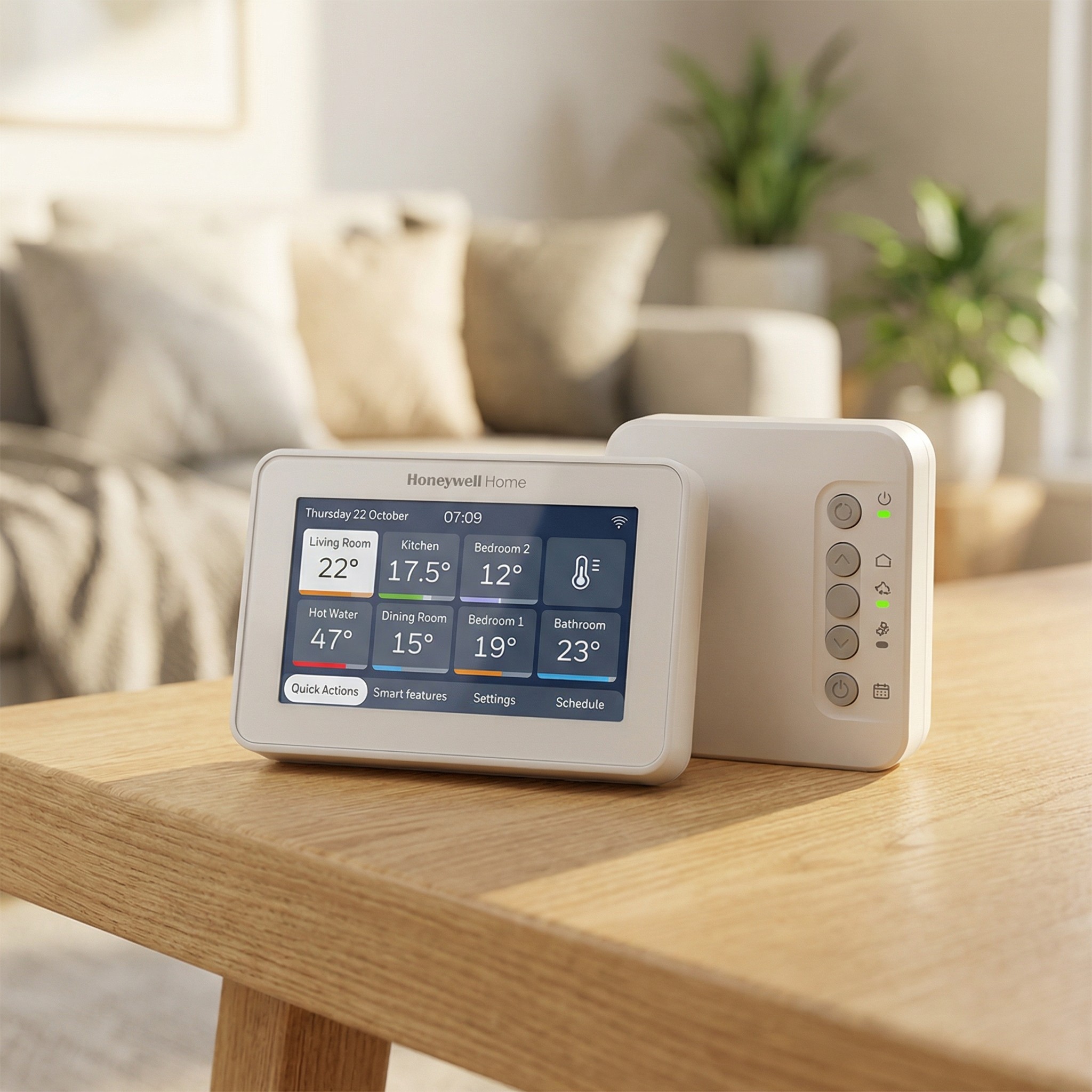 Honeywell Home Evohome Smart Thermostat, one of the best smart thermostats, on a wooden table with a sofa and plants in the background
