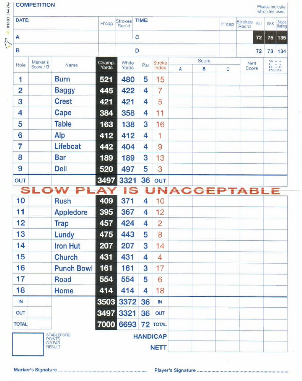 Royal North Devon Golf Club black tees scorecard