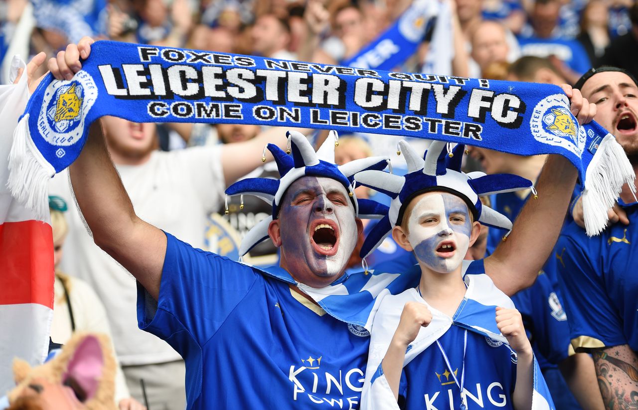 LEICESTER, ENGLAND - MAY 07:Leicester fans enjoy the atmosphere in the stadium before the Barclays Premier League match between Leicester City and Everton at The King Power Stadium on May 7,