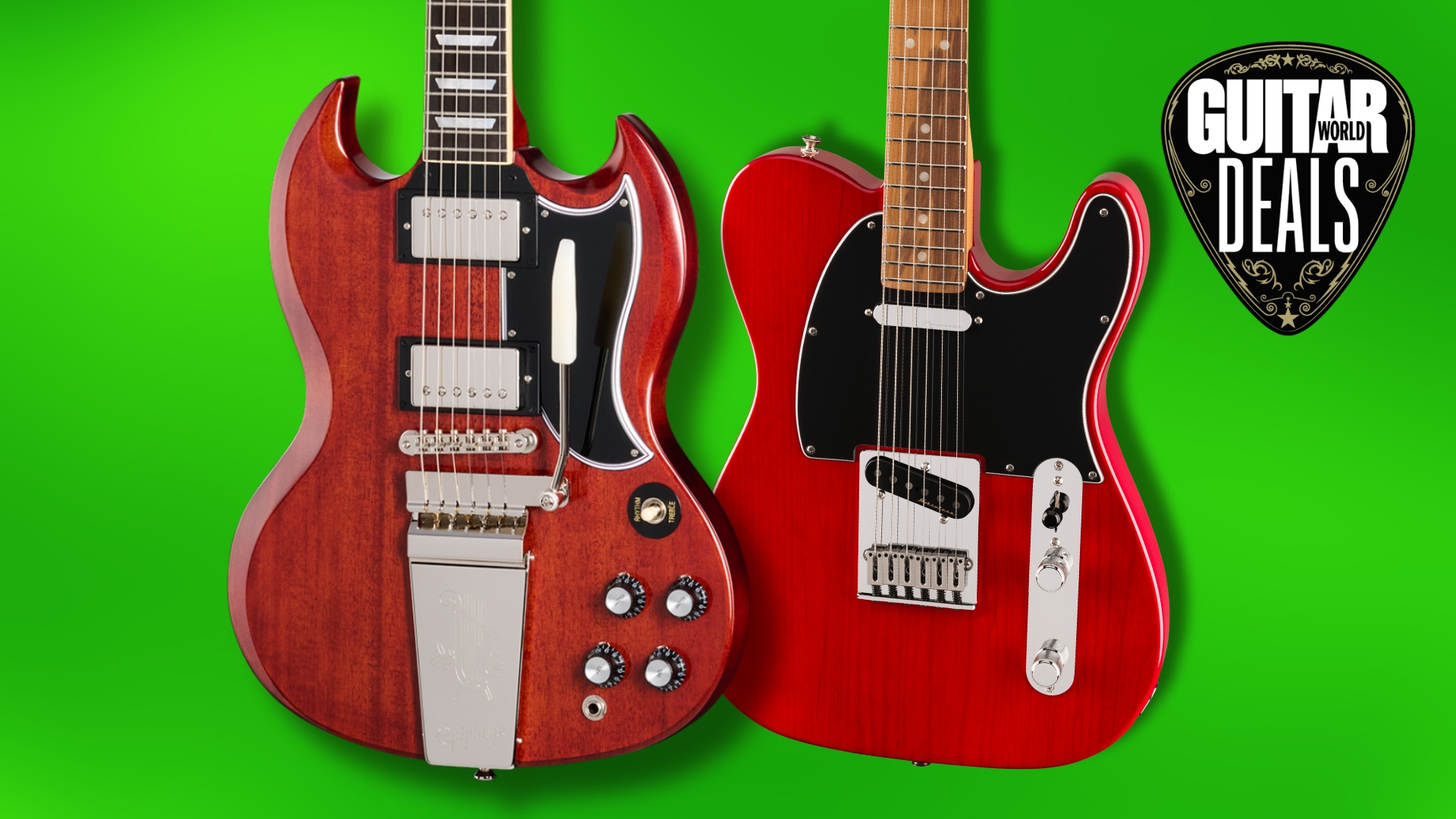 Two red electric guitars on a green background