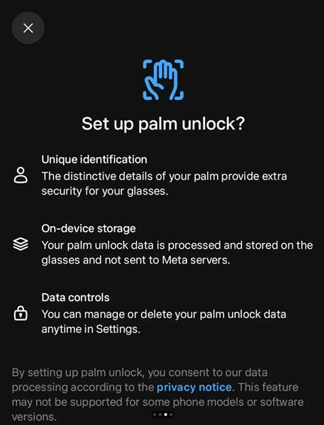 Meta Ray-Ban Display's latest update adds "Palm Unlock," which uses the user's unique palm for device security.