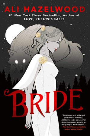 bride by ali hazelwood book cover with a woman in a white dress and a wolf behind her