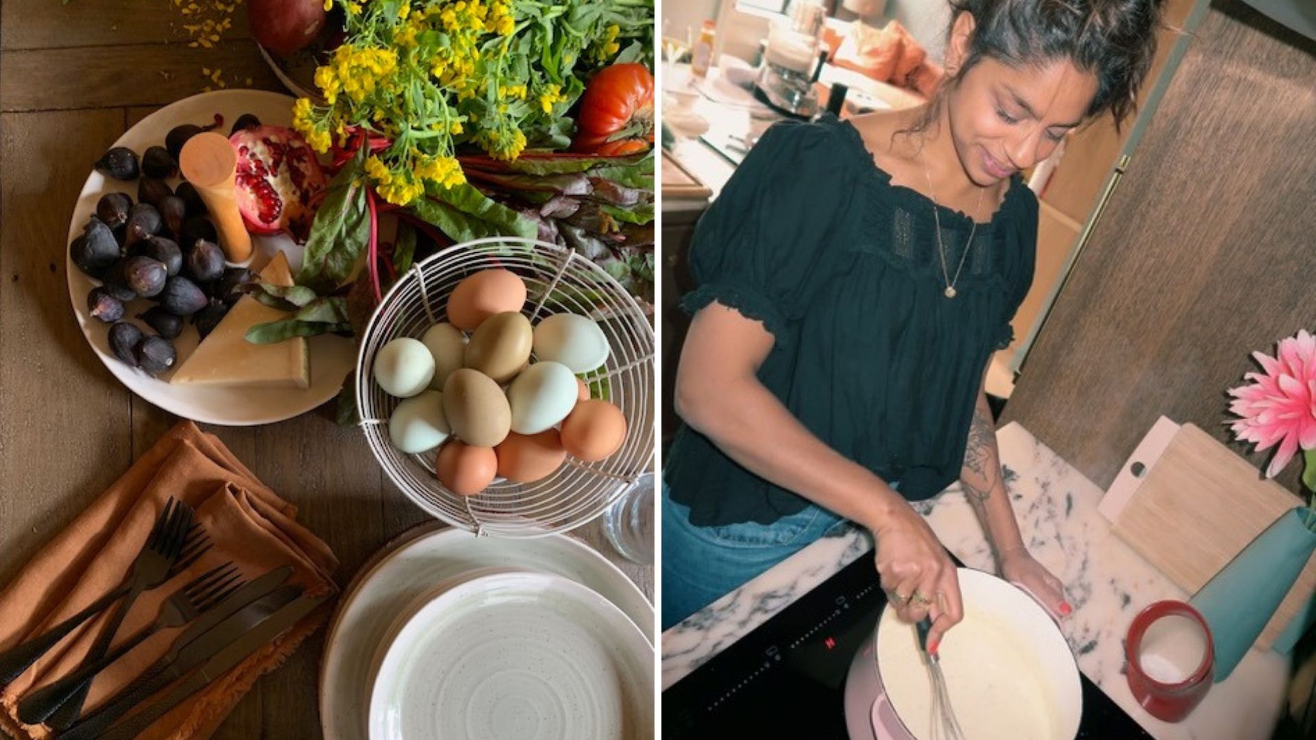 Produce displayed on a table, fresh figs, cheese, pomegranate, eggs and tomatoes; Sam Seneviratne baking