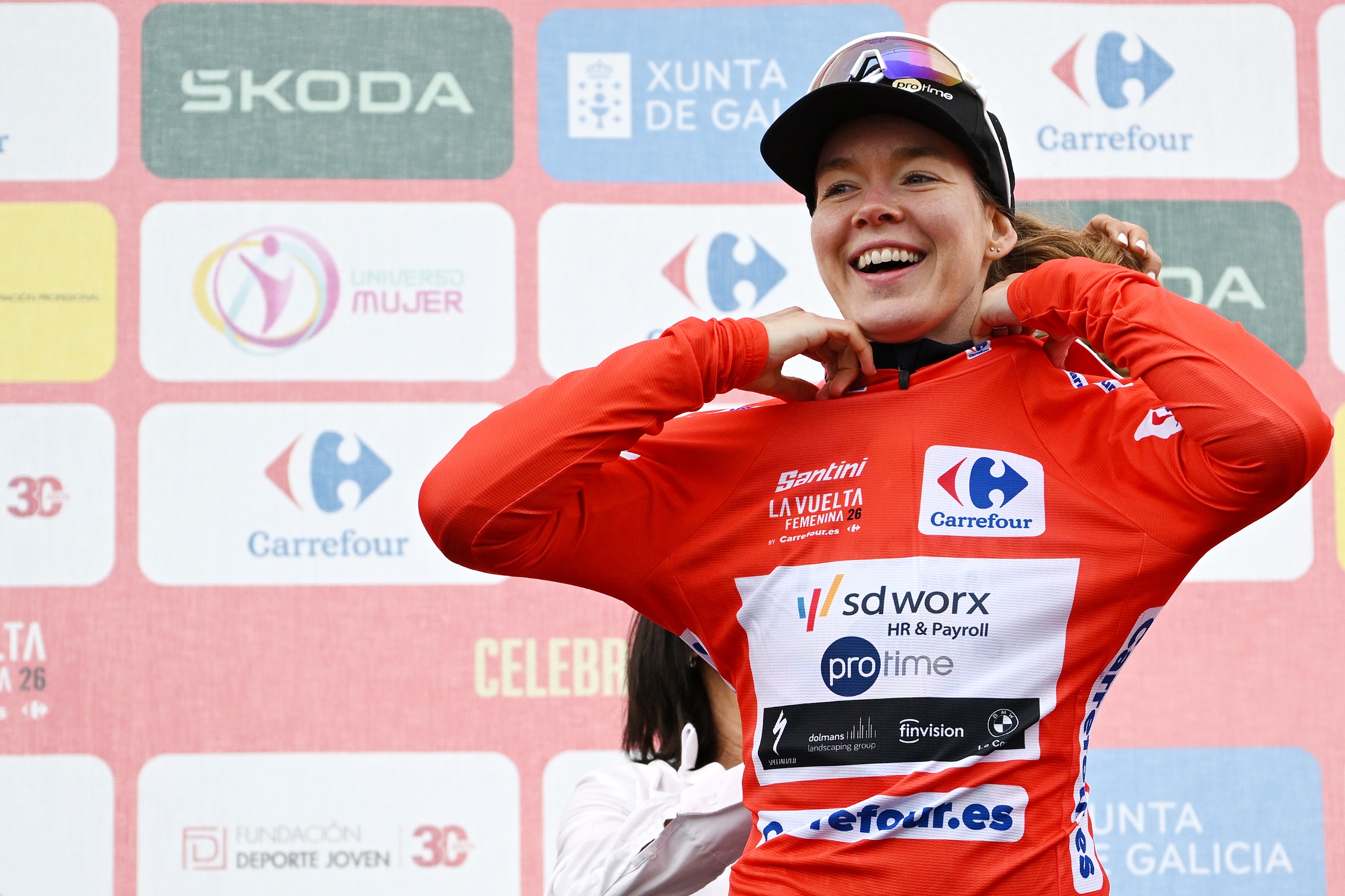 Anna van der Breggen of Netherlands and Team SD Worx - Protime celebrates at podium as Red Leader Jersey winner during the 12th La Vuelta Femenina 2026, Stage 6