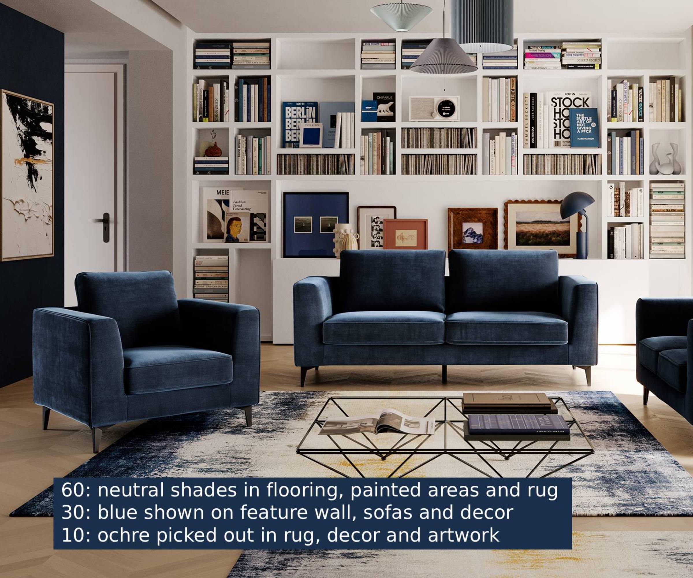 Living room with blue feature wall, sofa and decor, white walls and alcove shelving, pale wooden floor and ocher tones in rugs and decor.