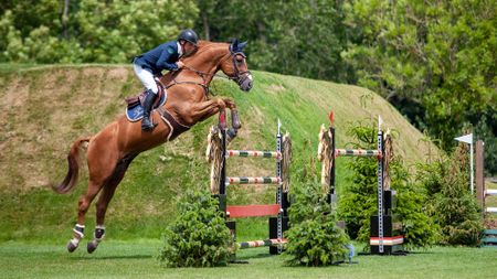 Shane Breen jumping Golden Hawk in front of the Hickstead Derby Bank