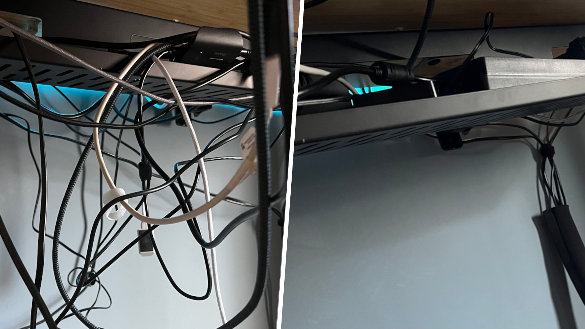 Side by side images showing the underside of a desk with wires before and after cable management accessories