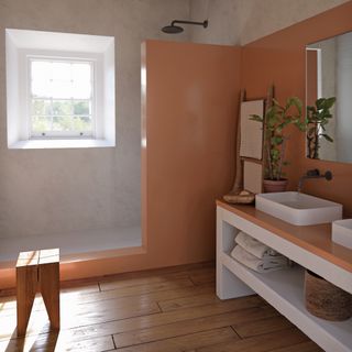 bathroom trends, walk in shower, terracotta and white, coloured worktops, white sink