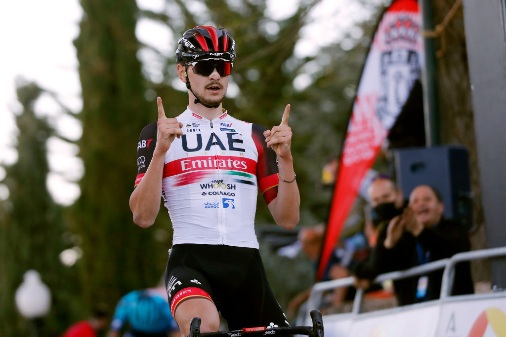 ALCALA LA REAL SPAIN FEBRUARY 17 Alessandro Covi of Italy and UAE Team Emirates celebrates at finish line as stage winner during the 68th Vuelta A Andalucia Ruta Del Sol 2022 Stage 2 a 1506km stage from Archidona to Alcal La Real 982m 68RdS on February 17 2022 in Alcala la Real Spain Photo by Bas CzerwinskiGetty Images