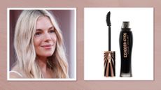 On the left, Sienna Miller is pictured with wavy blonde hair at the Closing Ceremony red carpet during the 81st Venice International Film Festival at Palazzo del Cinema on September 07, 2024 in Venice, Italy. And on the right, a product shot of the Charlotte Tilbury Exaggereyes mascara on a white background/ with both pictures in a dark pink template