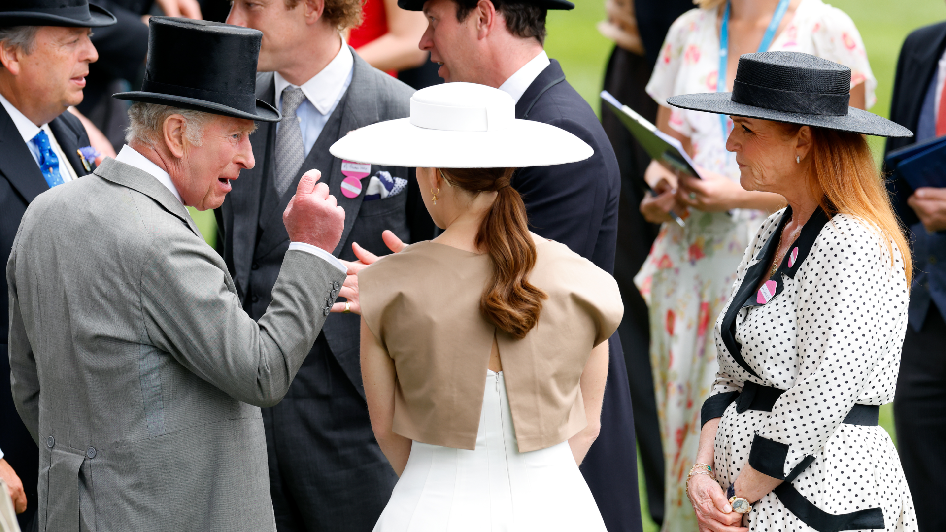 King Charles, Sarah Ferguson and Princess Eugenie talking at Royal Ascot