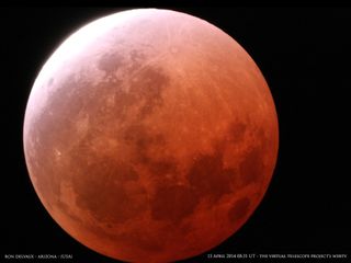 This photo of a "blood moon" lunar eclipse was captured by Ron Delvaux in Arizona on April 15, 2014 and supplied by The Virtual Telescope Project.