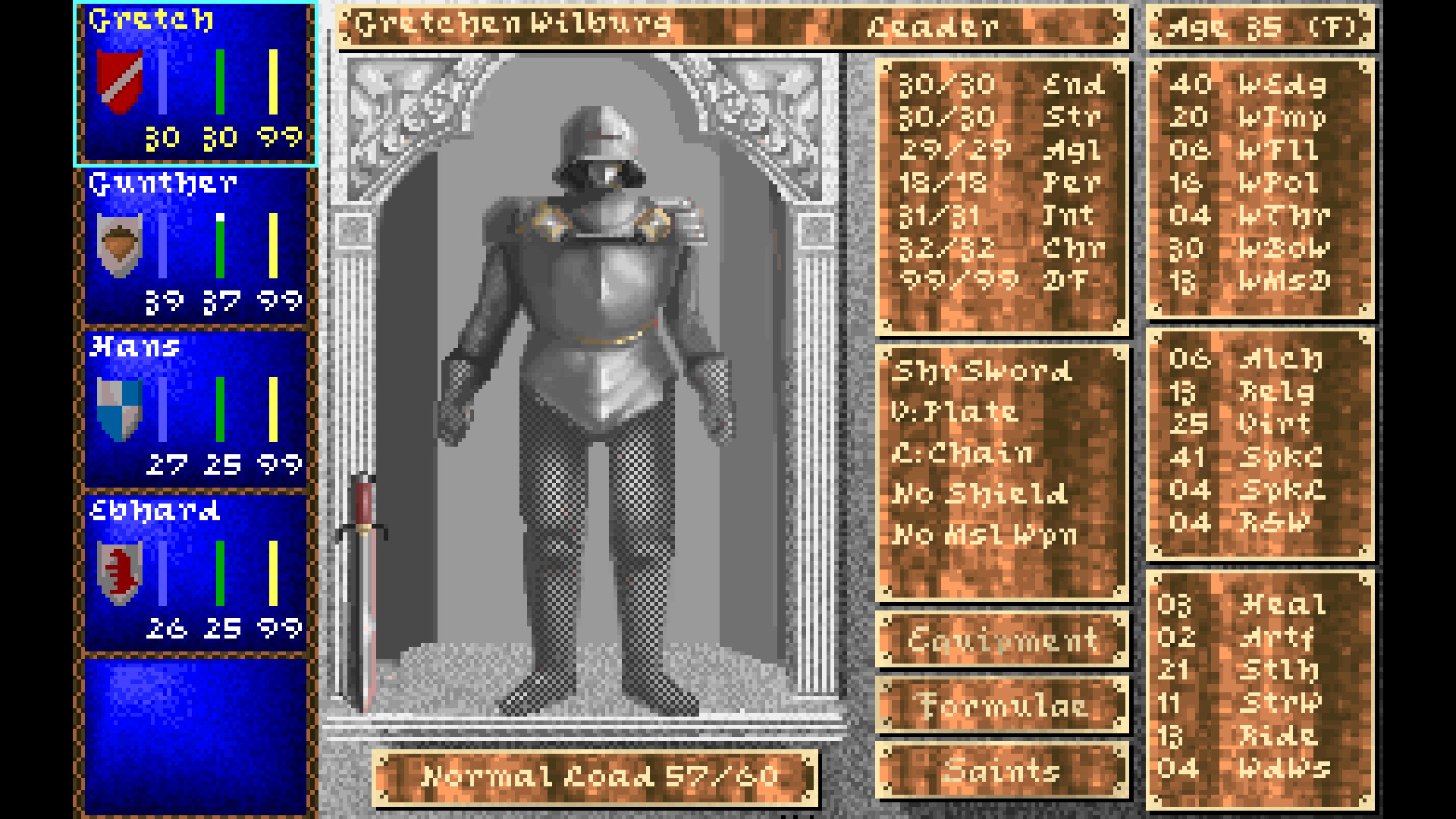 Darklands stat screen shows full armor set