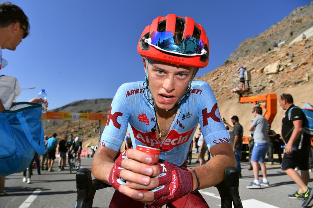 The tired face of Matteo Fabbro after climbing Green Mountain at the Tour of Oman
