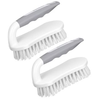 Two white scrubbing brushes with grey handles