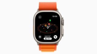 The new compass app on Apple Watch's watchOS 10 update, showing nearby landmarks and cellular data