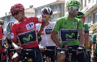 Overall leader Nairo Quintana and points leader Alejandro Valverde (Movistar) at the start of stage 12 at the Vuelta a Espana
