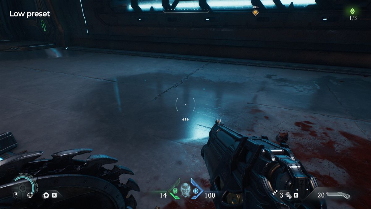 A screenshot of the PC version of Doom: The Dark Ages, showing the quality of ray-traced reflections using the Low preset
