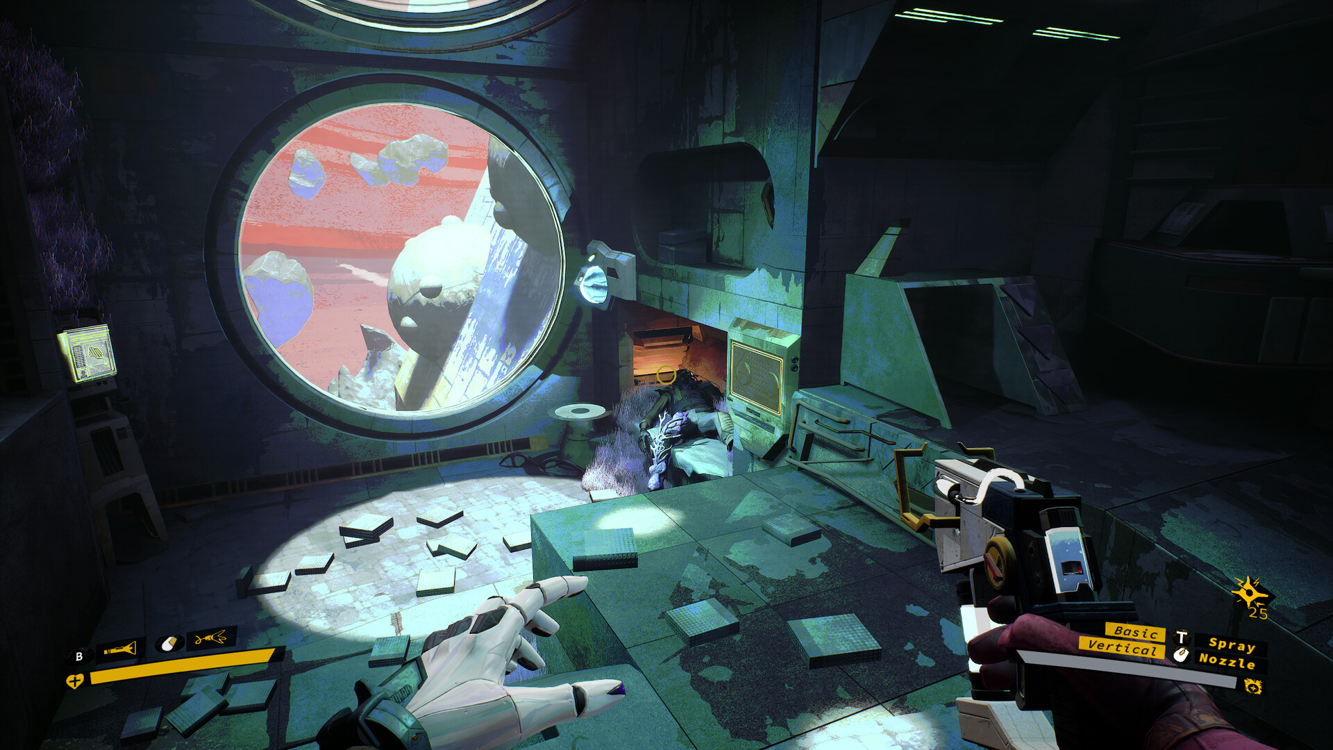 An overgrown corpse in a ruined habitation room in Ambrosia Sky.