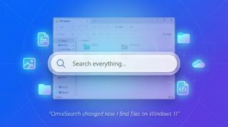 Square social graphic showing a stylized search bar with floating file, folder, and cloud icons representing OmniSearch on Windows 11.
