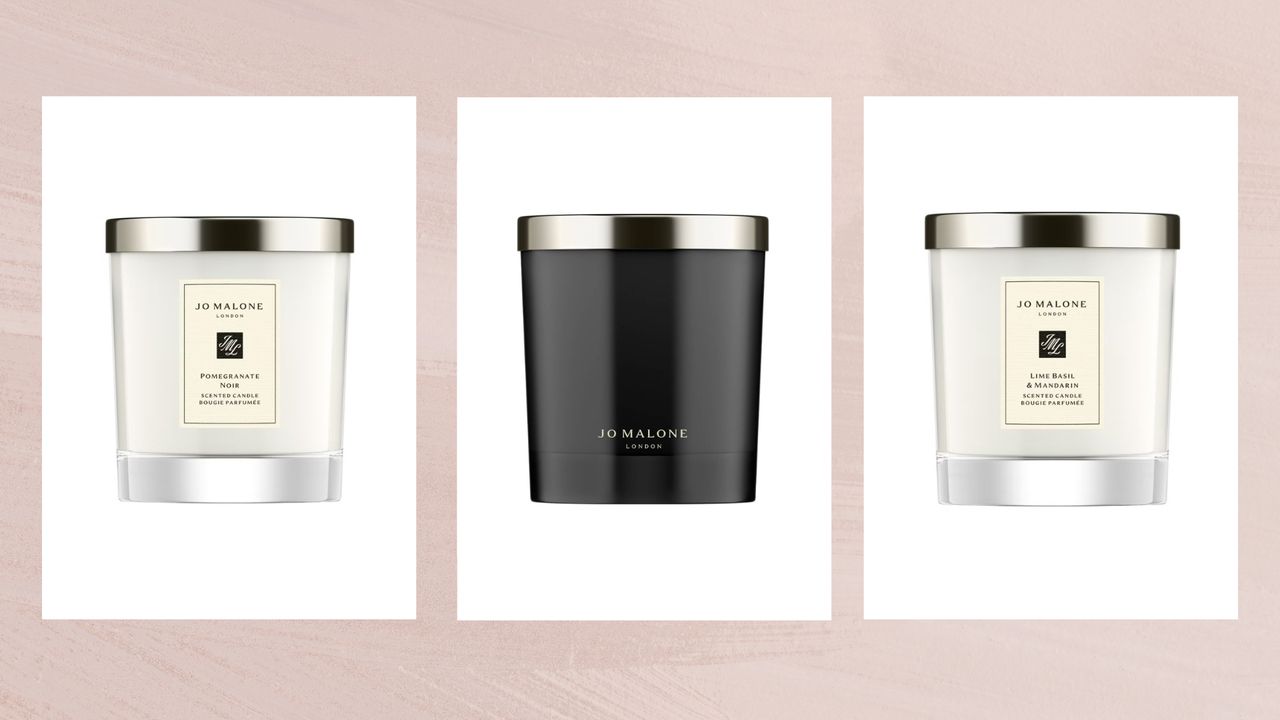 Collage of three of the best Jo Malone candles featured in woman&amp;home&#039;s guide (left to right): Pomegranate Noir, Velvet Rose &amp; Oud and Lime Basil &amp; Mandarin 