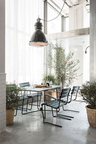 A table, four chairs, and some plants sit under an industrial-style light