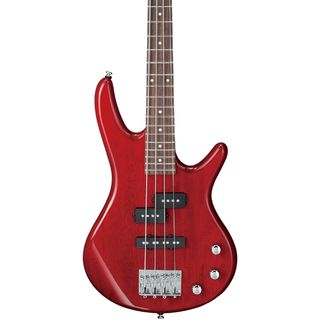 Close up of the body of a Ibanez miKro GSRM20 bass guitar on a white background