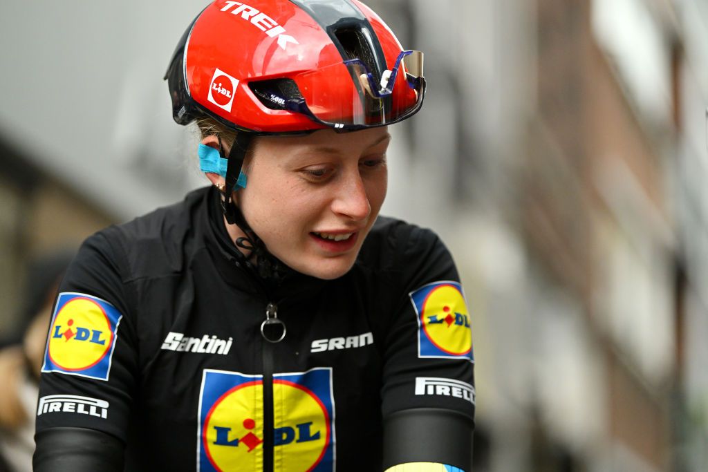 HUY BELGIUM APRIL 17 Elynor Backstedt of The United Kingdom and Team Lidl Trek prior to the 27th La Fleche Wallonne Feminine 2024 a 146km one day race from Huy to Huy UCIWWT on April 17 2024 in Huy Belgium Photo by Luc ClaessenGetty Images