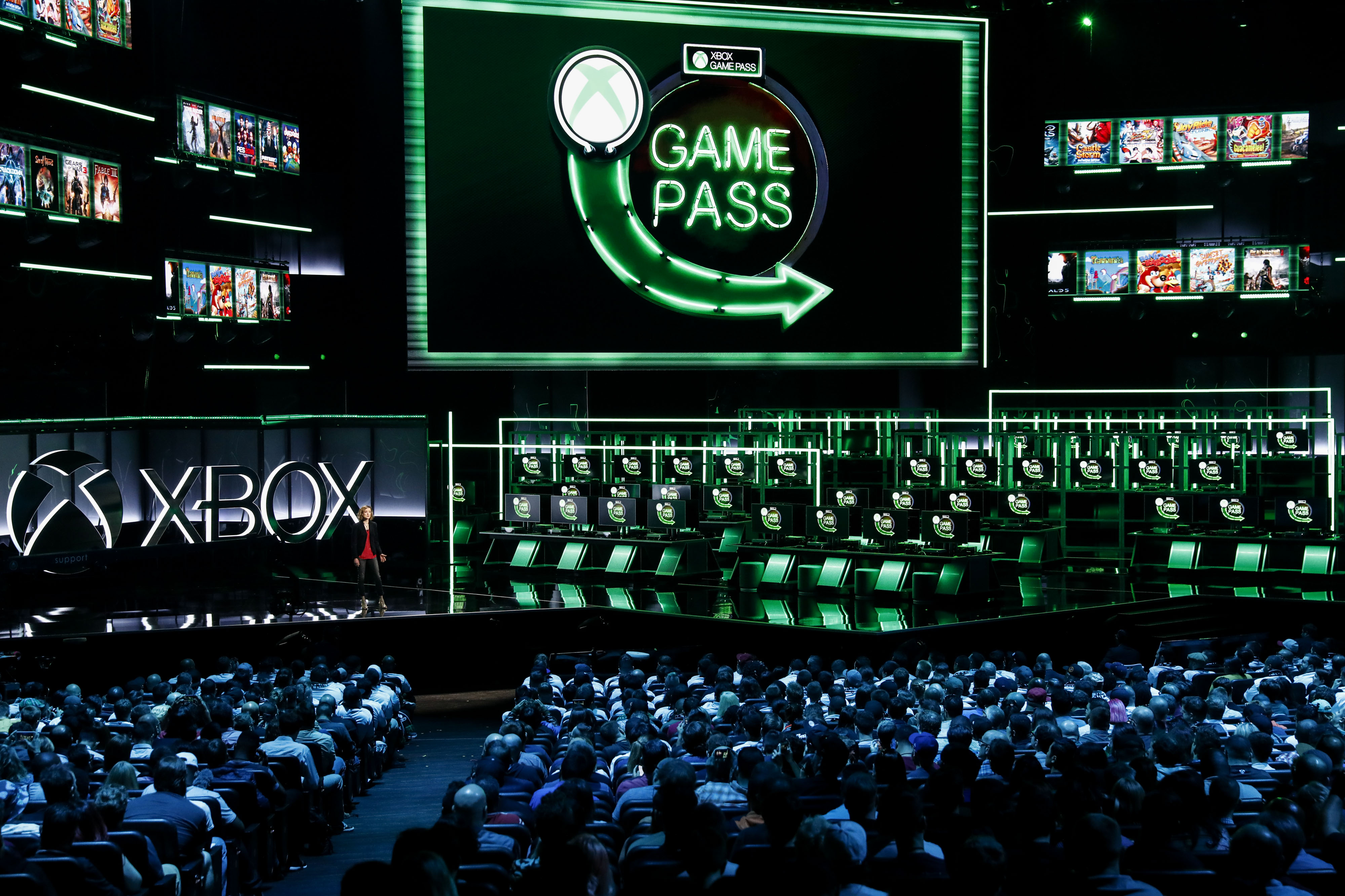 Ashley Speicher, lead software design engineer for Xbox at Microsoft Corp., speaks about the Game Pass during the company's Xbox event ahead of the E3 Electronic Entertainment Expo in Los Angeles, California, U.S., in Los Angeles, California, U.S., on Sunday, June 10, 2018. Photographer: Patrick T. Fallon/Bloomberg