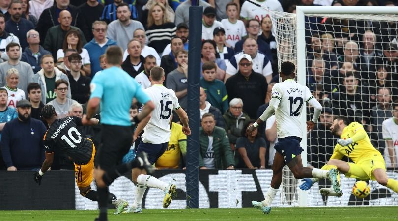 Crysencio Summerville fires Leeds ahead against Tottenham.