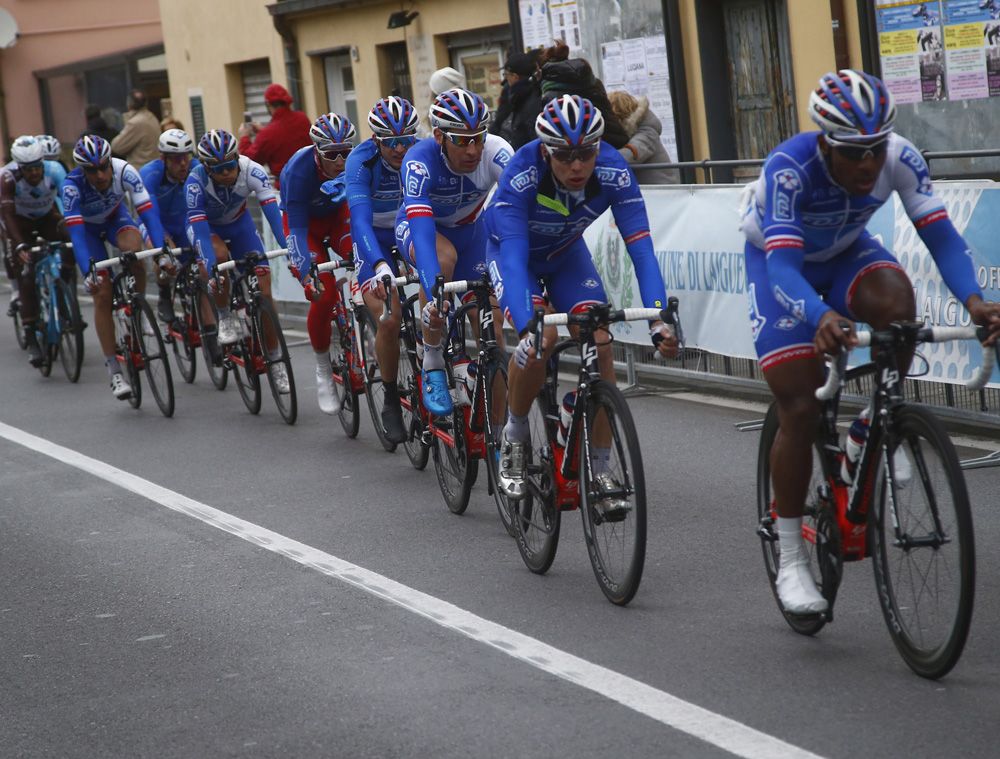 The FDJ team lead the chase of the break