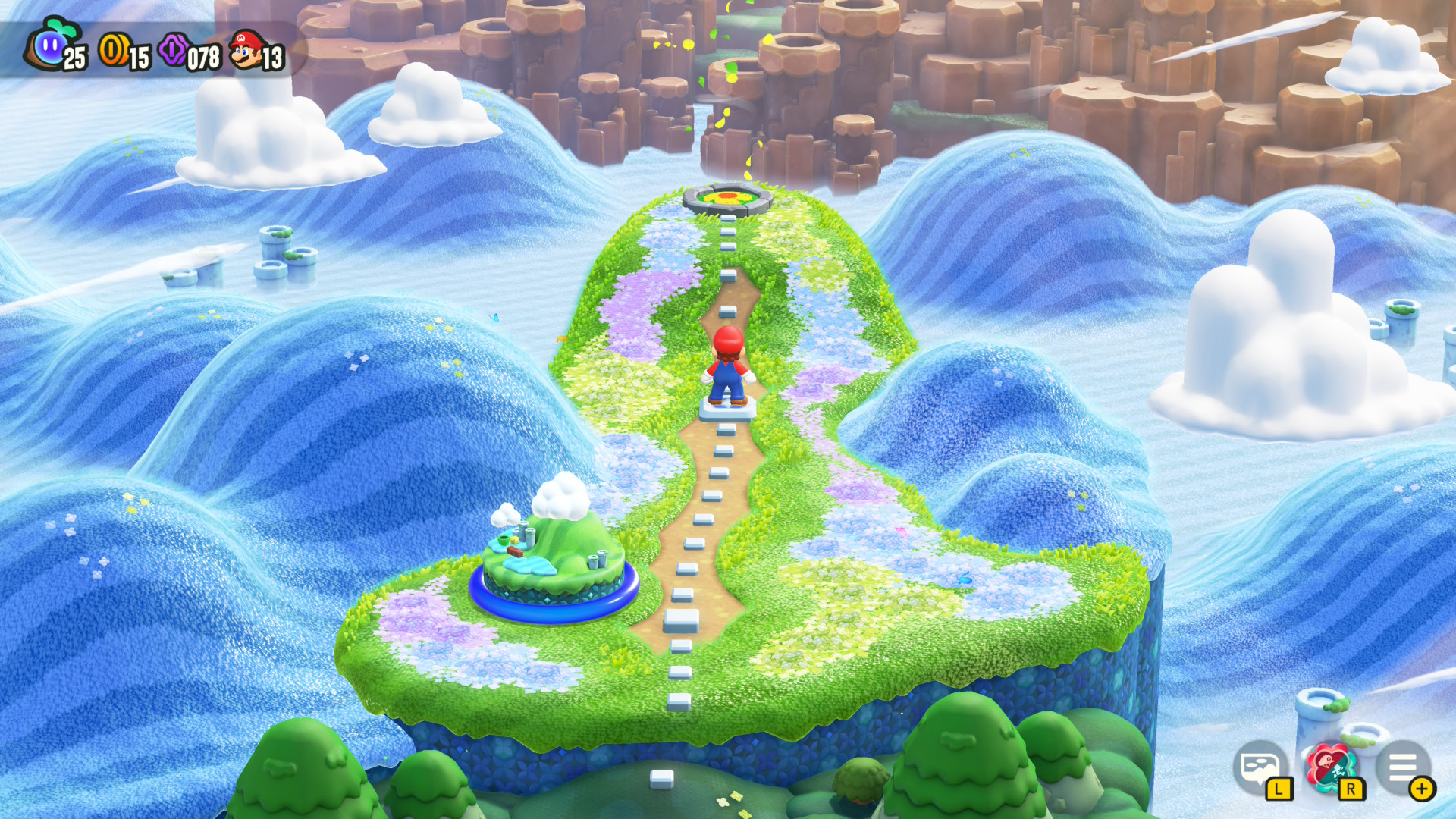 A screenshot from Super Mario Bros. Wonder Nintendo Switch 2 Edition showing Mario traversing the world map
