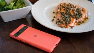 The Google Pixel 7a in the official coral case next to a plate of trout