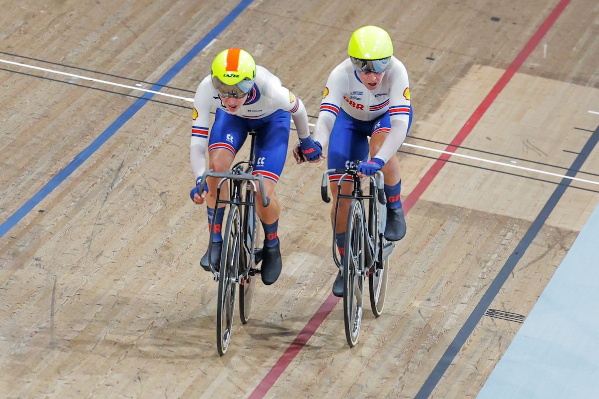 Picture by Will Palmer/SWpix.com - 07/08/2023 - Track &amp; Para Track Cycling - 2023 UCI Cycling World Championships - Sir Chris Hoy Velodrome, Glasgow, Scotland - Women Elite Madison - Neah Evans and Elinor Barker of Great Britain