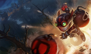 Ziggs - a cute furry creature throwing a huge bomb.